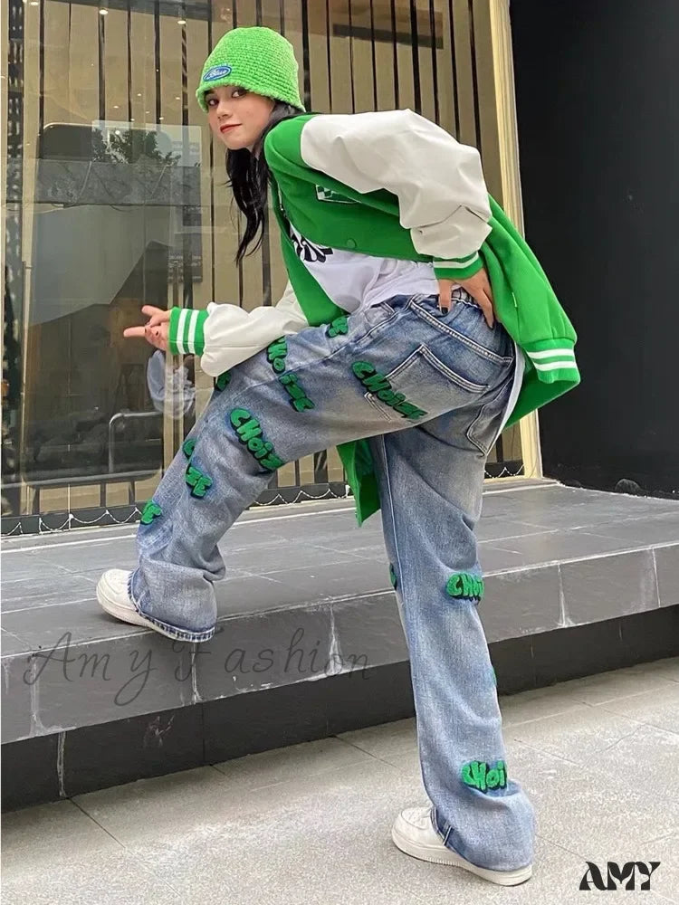 Amy Fashion - Embroidery Hiphop Flocking Autumn Wide-Leg High Waist Style Pants Jean