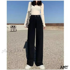 Amy Fashion - Fashionable Blue Vintage Quality High-Waisted Denim Straight Casual Floor Length Jean