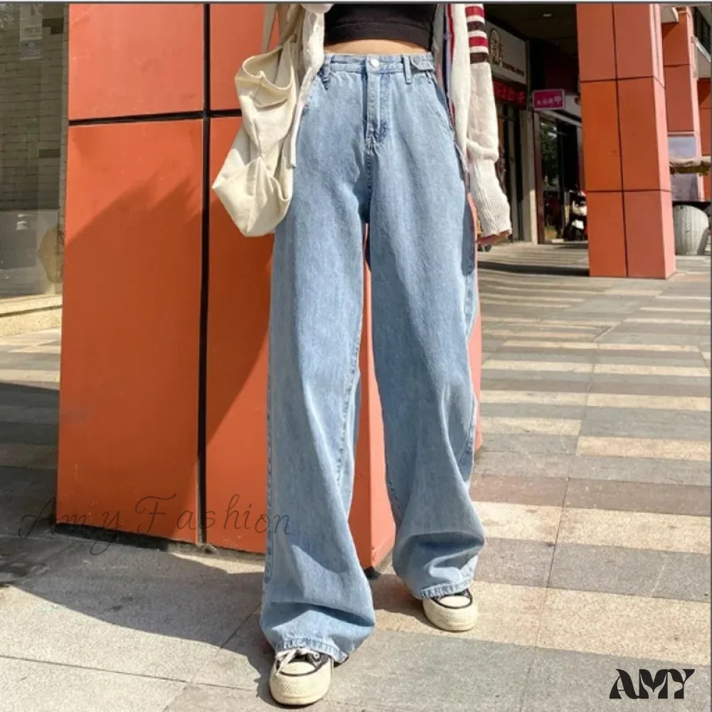 Amy Fashion - Fashionable Blue Vintage Quality High-Waisted Denim Straight Casual Floor Length Jean