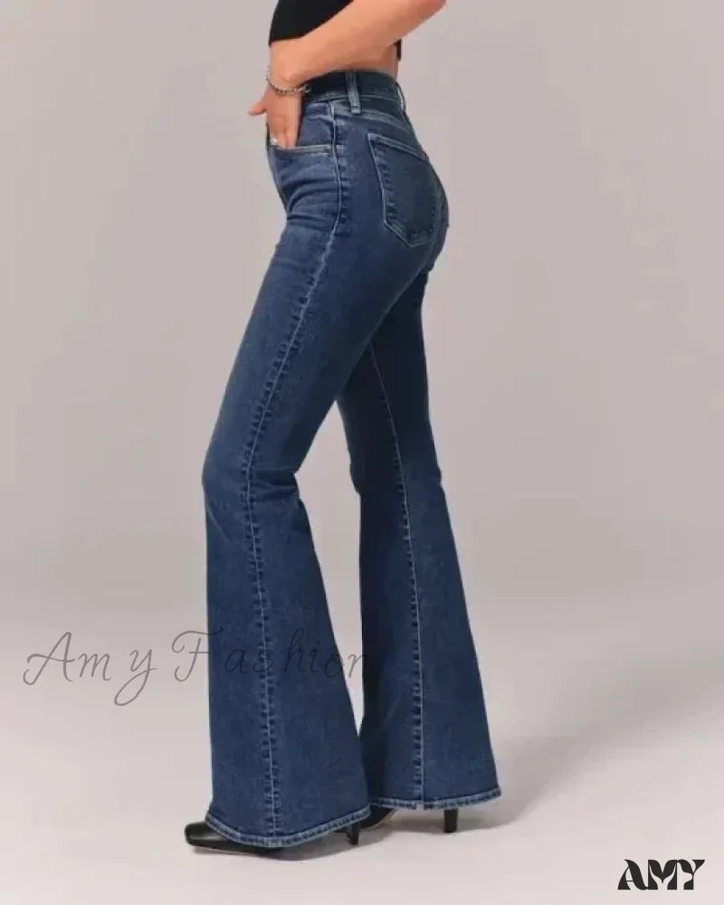 Amy Fashion - Flare Vintage Ladies Stretch Pocket Plus Size Wide Denim Jean