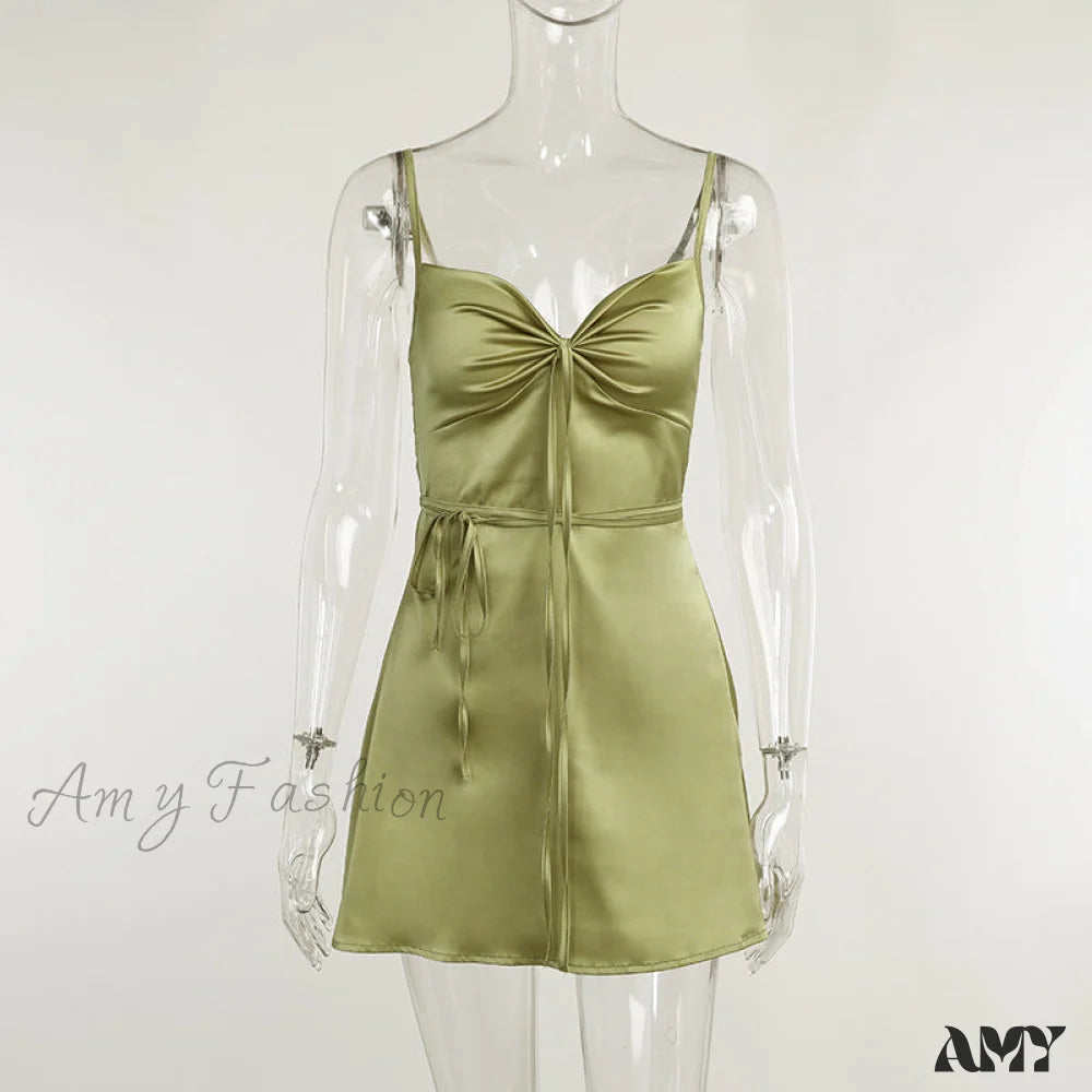 Amy Fashion - Green Mini Dress Sexy Satin Slip Summer