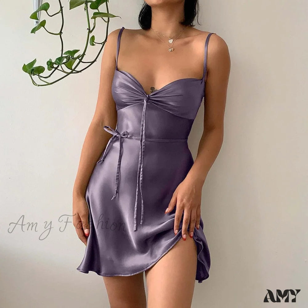 Amy Fashion - Green Mini Dress Sexy Satin Slip Summer