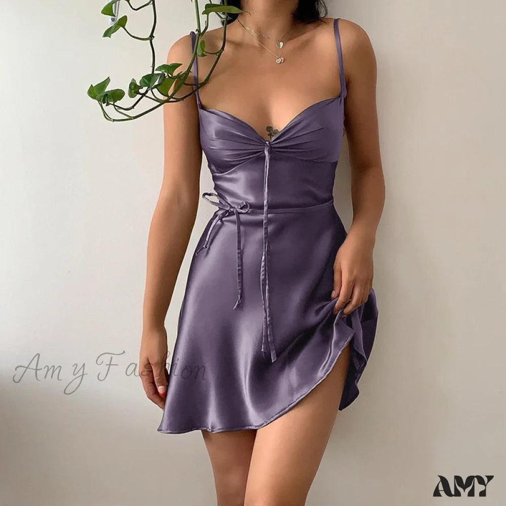 Amy Fashion - Green Mini Dress Sexy Satin Slip Summer Purple / S