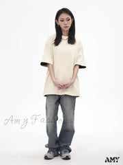 Amy Fashion - High Street Brand Made Old Wash Zipper Pocket Woodcut Vintage Loose Straight Leg Jean
