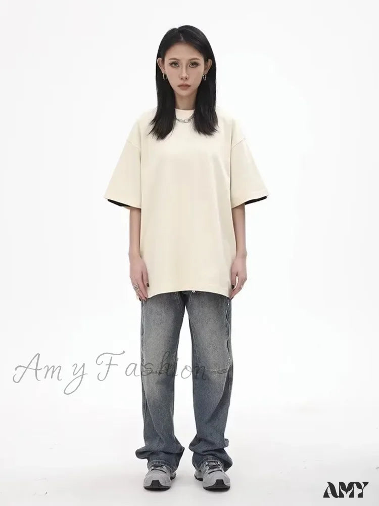 Amy Fashion - High Street Brand Made Old Wash Zipper Pocket Woodcut Vintage Loose Straight Leg Jean