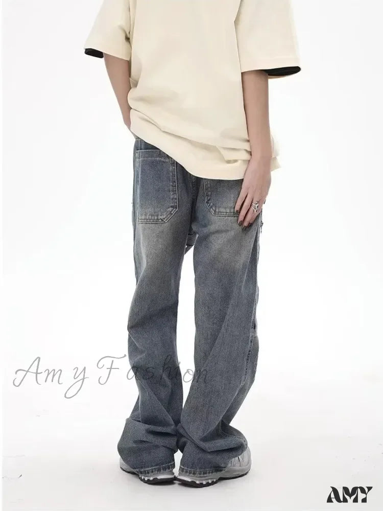 Amy Fashion - High Street Brand Made Old Wash Zipper Pocket Woodcut Vintage Loose Straight Leg Jean