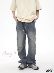Amy Fashion - High Street Brand Made Old Wash Zipper Pocket Woodcut Vintage Loose Straight Leg Jean