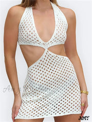 Amy Fashion - Knitted Halter Hollow Out Summer Sexy Lace Up Mini Dress