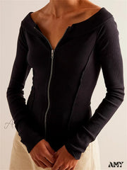 Amy Fashion - Knitted Patchwork Solid Color Long Sleeve Double Zip Up T-Shirts