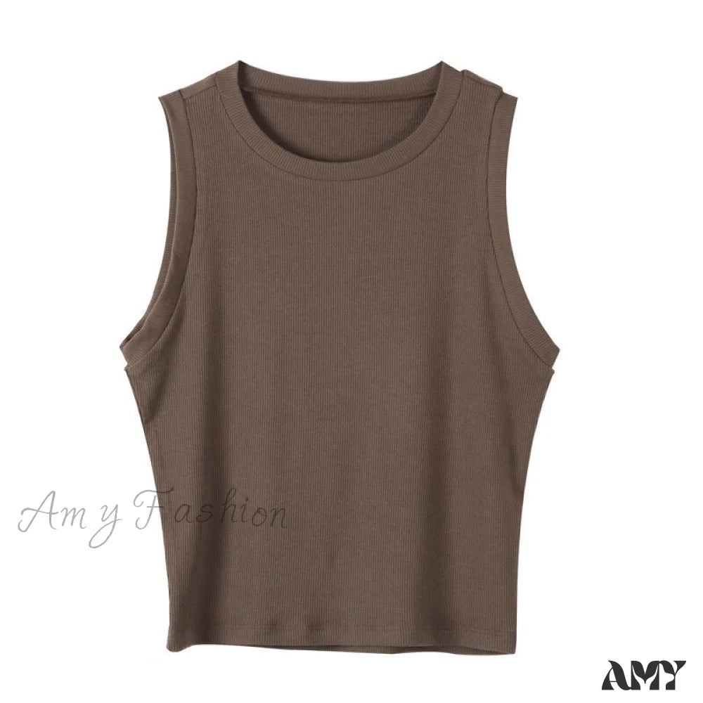Amy Fashion - Knitted Ribbed Solid Vest Brown / M