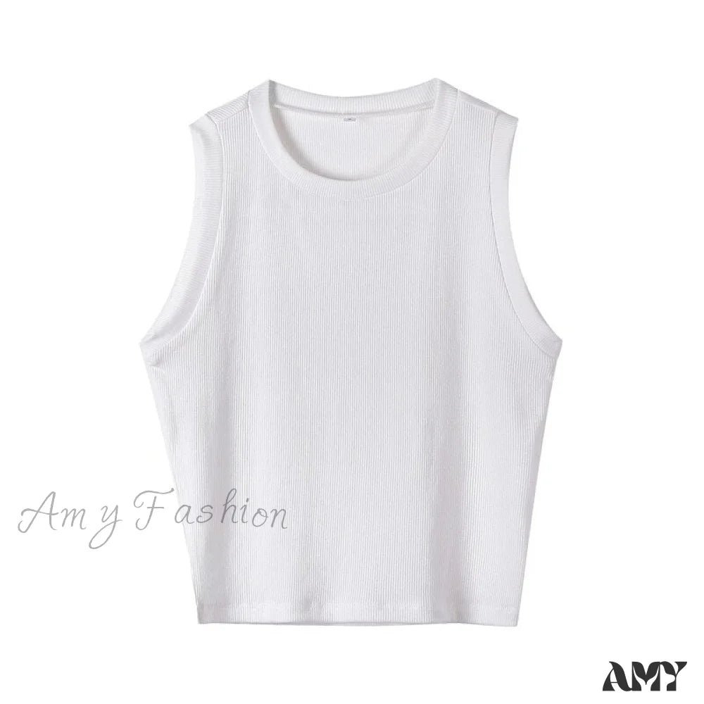 Amy Fashion - Knitted Ribbed Solid Vest White / M