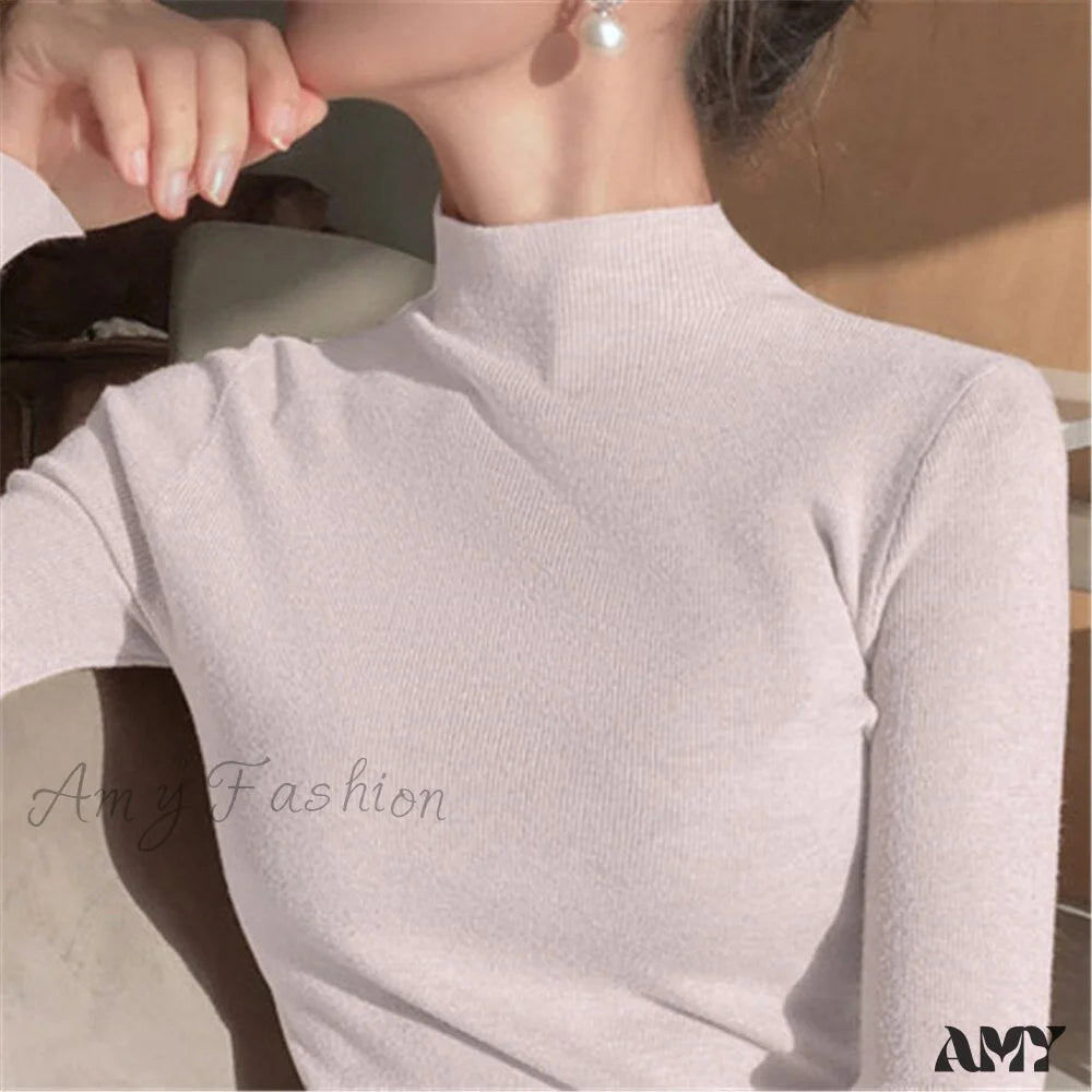 Amy Fashion - Knitted Turtleneck Pullovers Top White / One Size