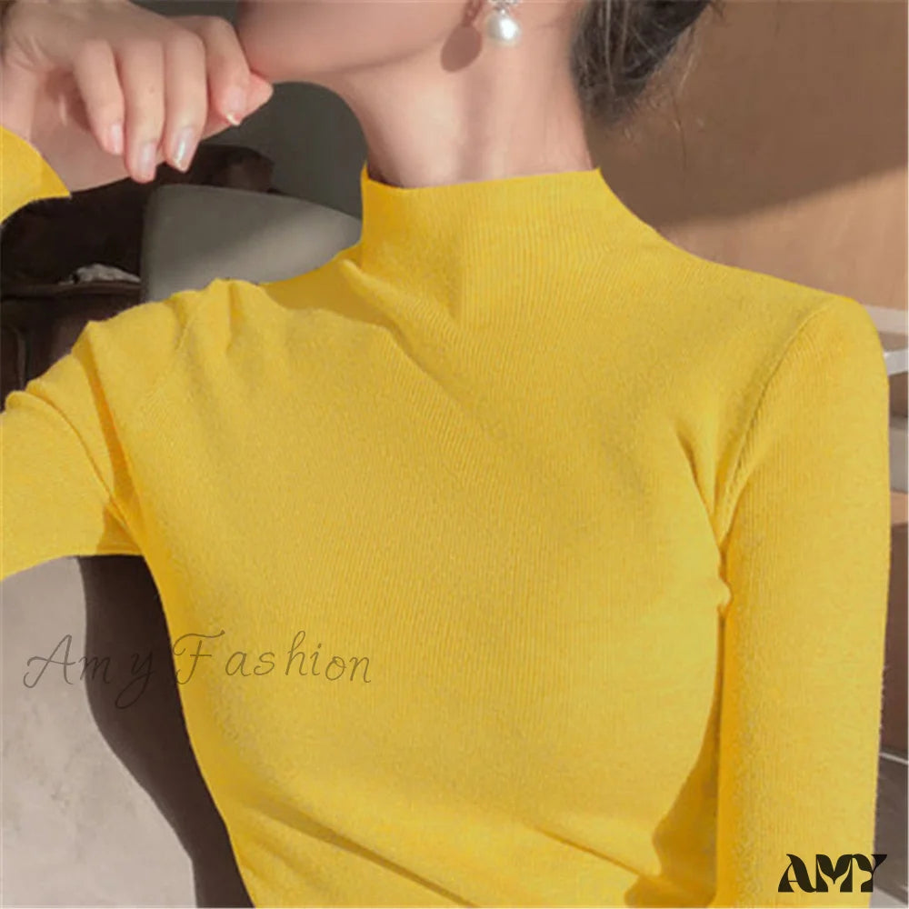 Amy Fashion - Knitted Turtleneck Pullovers Top Yellow / One Size