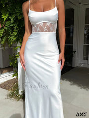 Amy Fashion - Lace Mesh See Through Patchwork For Women Sleeveless Strap O-Neck Summer White Slim
