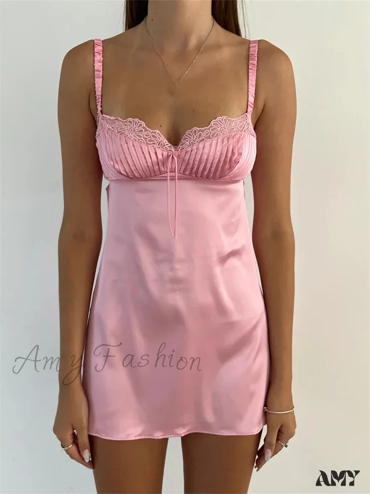 Amy Fashion - Lace Patchwork Ruched Vintage Sleeveless Strap Backless Mini Dress Pink / S