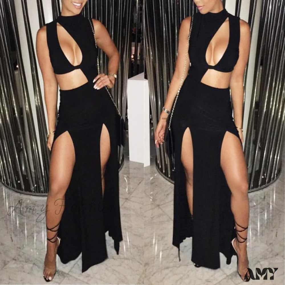 Amy Fashion - Lady Sleeveless Mock Side High Slit Cutout Dresses Black 2 / S