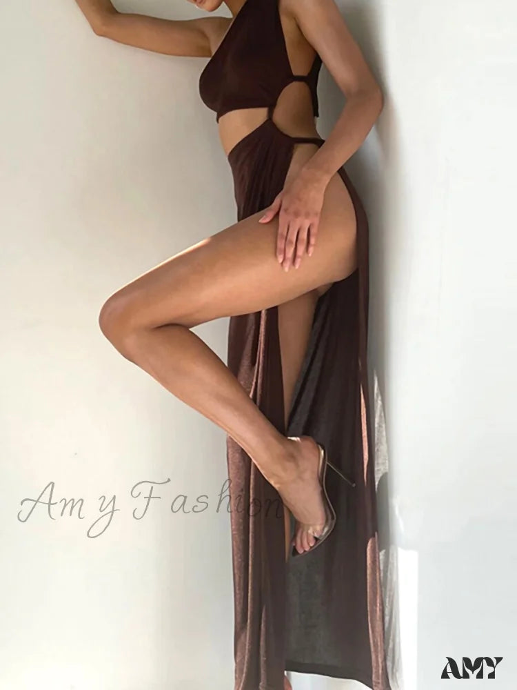 Amy Fashion - Lady Sleeveless Mock Side High Slit Cutout Dresses E / S