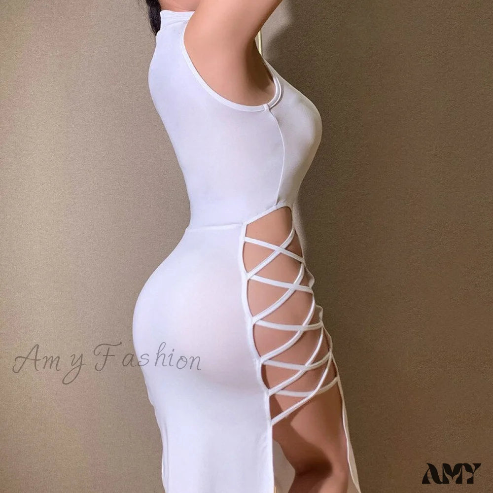 Amy Fashion - Lady Sleeveless Mock Side High Slit Cutout Dresses White / S