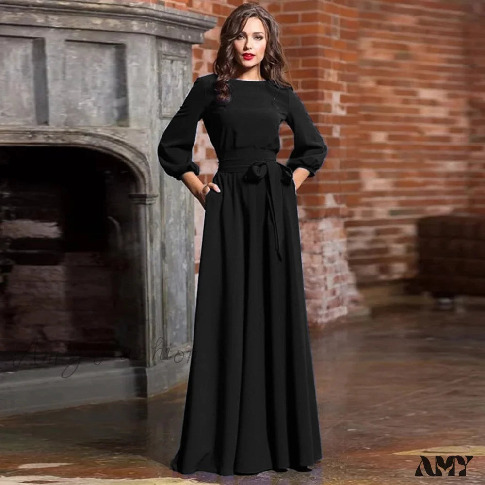 Amy Fashion - Lantern Sleeve Solid Belt Long Christmas Dress Black / S