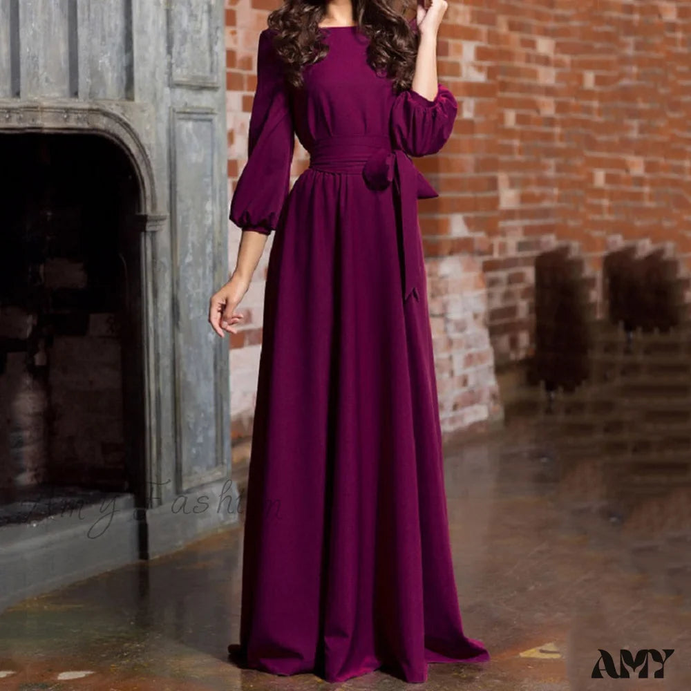 Amy Fashion - Lantern Sleeve Solid Belt Long Christmas Dress Purple / S