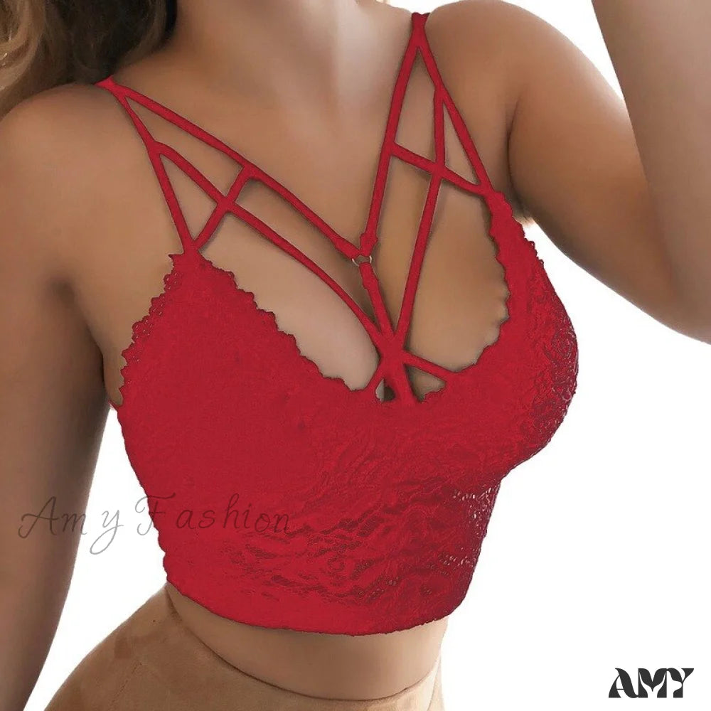 Amy Fashion - Leopard Sports Bra Tank Vest Lace Up Backless Crop Top Style2-Red / S