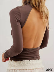 Amy Fashion - Long Sleeve High Neck Backless Slim Fit Solid Color T-Shirts D / S
