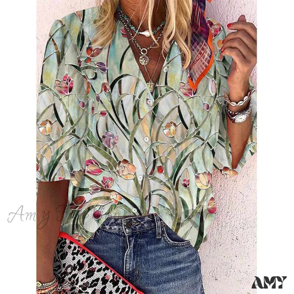 Amy Fashion - Loose Colorful Print Large Size Blouses 7 / S
