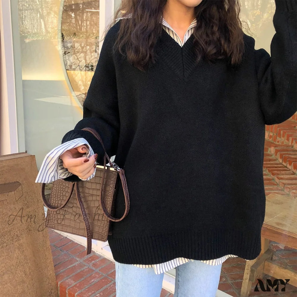 Amy Fashion - Loose V Neck Solid Color Knitted Sweaters Black / One Size