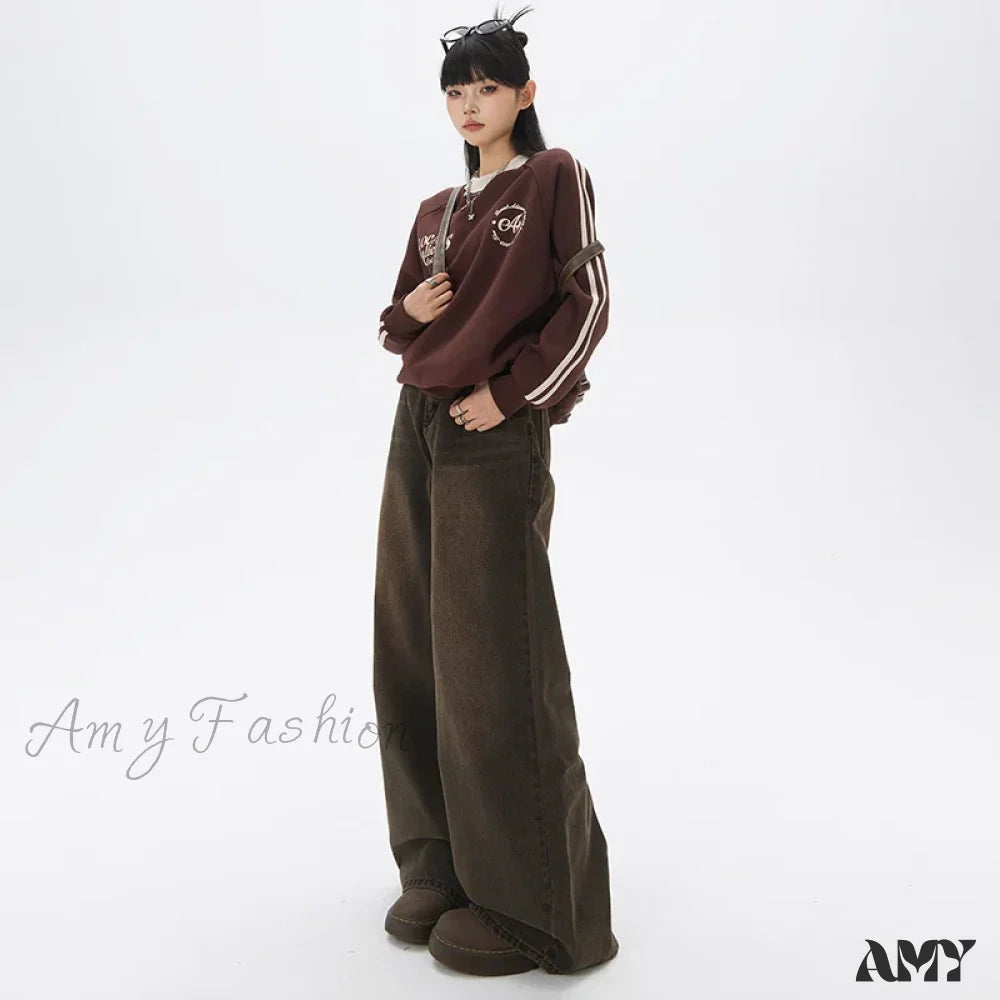 Amy Fashion - Loose Vintage Korean For Women High Waist Streetwear Casual Denim Femme Y2K Wide Leg