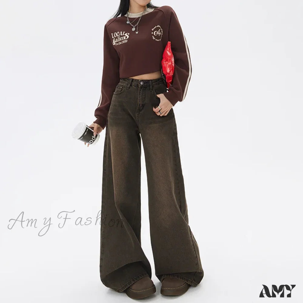 Amy Fashion - Loose Vintage Korean For Women High Waist Streetwear Casual Denim Femme Y2K Wide Leg