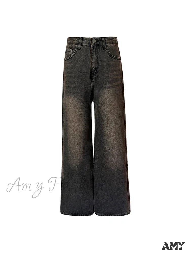 Amy Fashion - Loose Vintage Korean For Women High Waist Streetwear Casual Denim Femme Y2K Wide Leg