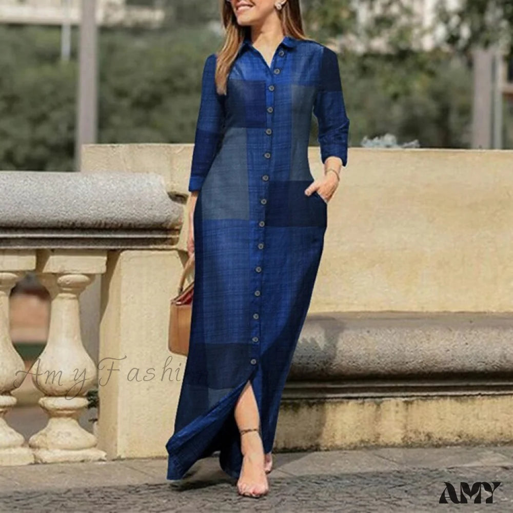 Amy Fashion - New Shirt Collar Button Long Denim Skirt Dress
