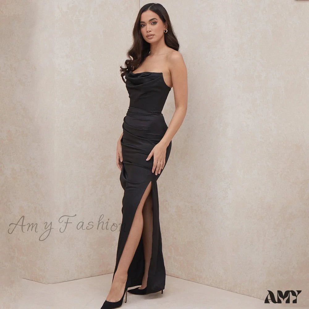 Amy Fashion - Off Shoulder Sleeveless Backless Side Split Dress