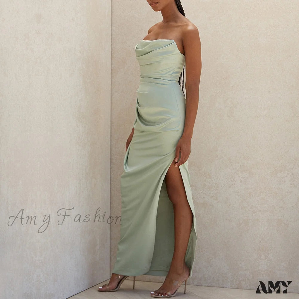 Amy Fashion - Off Shoulder Sleeveless Backless Side Split Dress Green / S