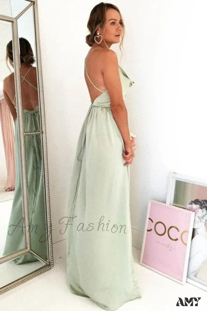 Amy Fashion - Open Back Sexy Side Slit Spaghetti Strap Evening Party Dress