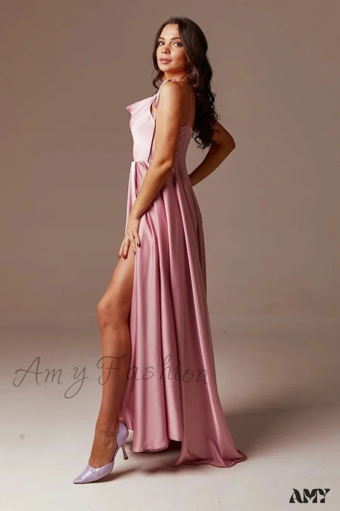Amy Fashion - Open Back Sexy Side Slit Spaghetti Strap Evening Party Dress