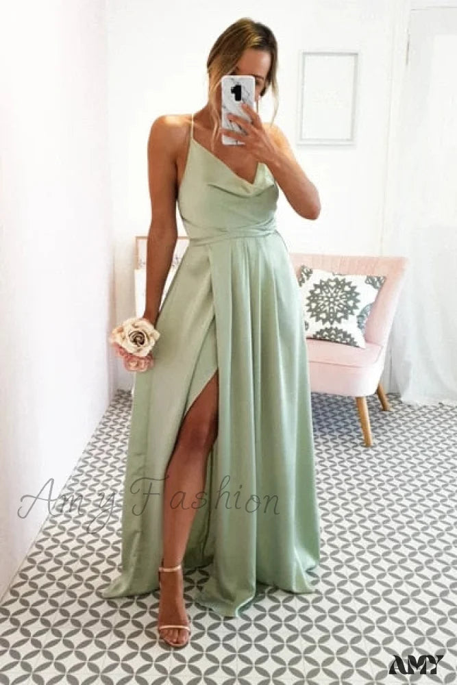 Amy Fashion - Open Back Sexy Side Slit Spaghetti Strap Evening Party Dress