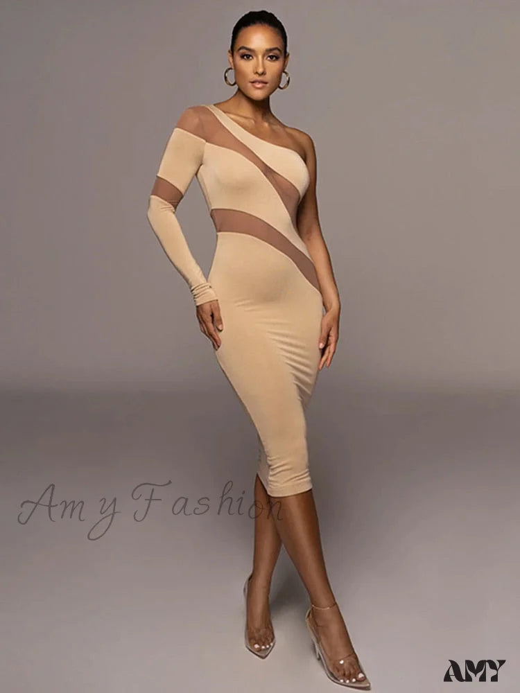 Amy Fashion - Party Club Elegant Streetwear Sexy Slim Dress Khaki / L