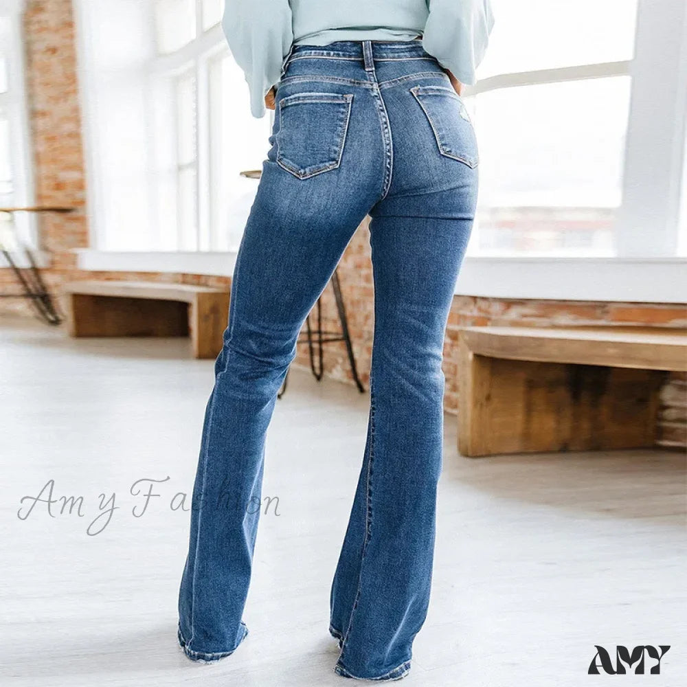 Amy Fashion - Patchwork Flared Vintage High Stretch Casual Denim Jean
