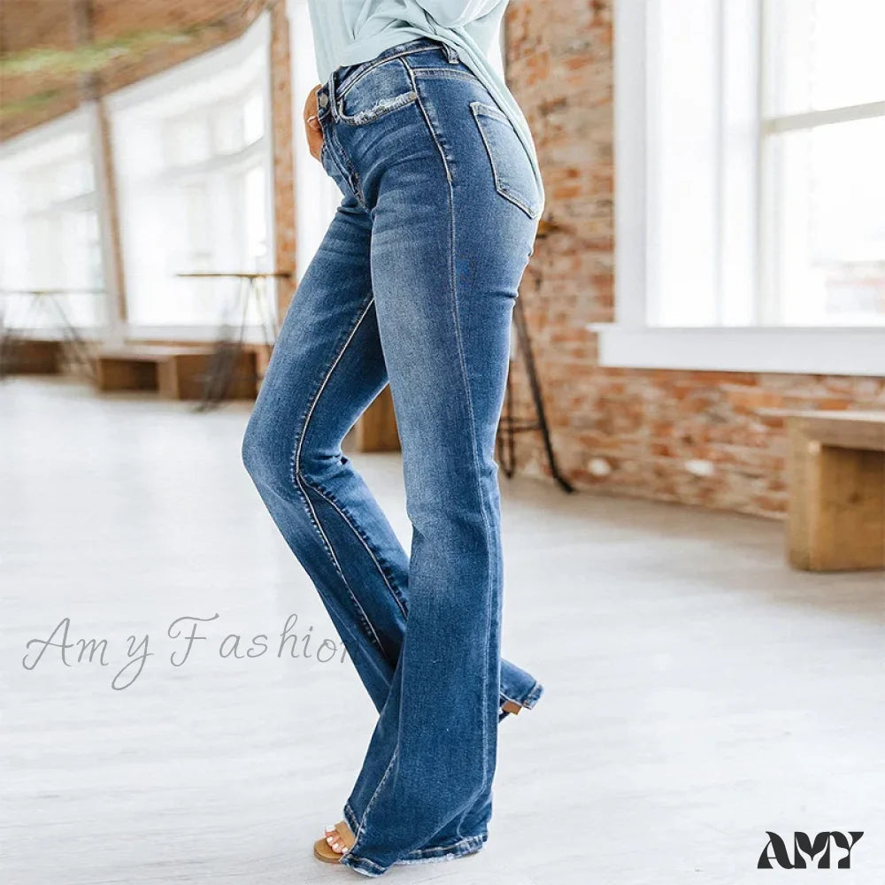 Amy Fashion - Patchwork Flared Vintage High Stretch Casual Denim Jean
