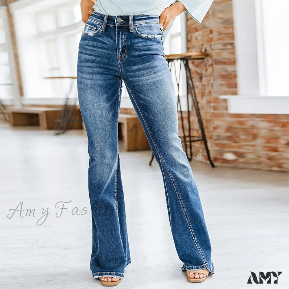 Amy Fashion - Patchwork Flared Vintage High Stretch Casual Denim Jean Blue / S