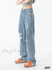 Amy Fashion - Perforated Jean Summer Thin High Street Trendy Brand Handsome And Loose Fitting
