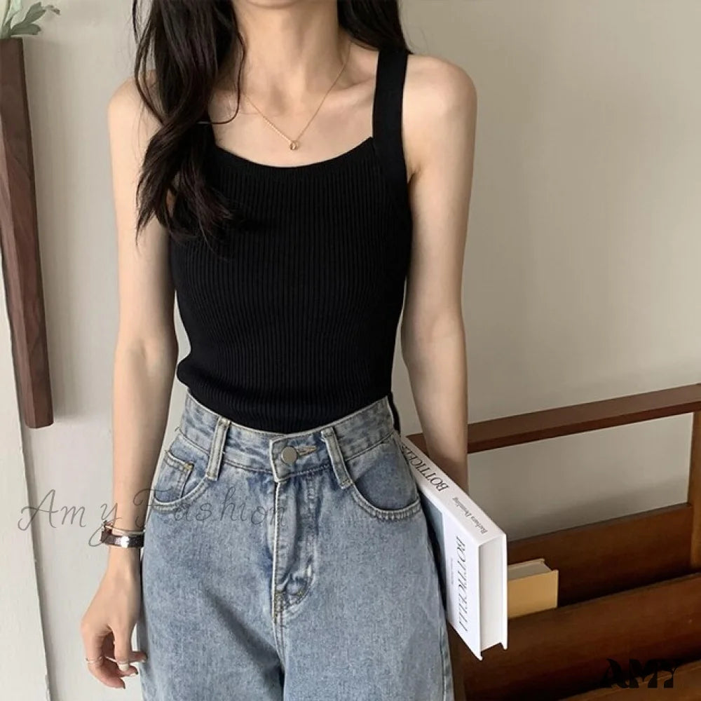 Amy Fashion - Plain Knitted Tank Tops Black / One Size