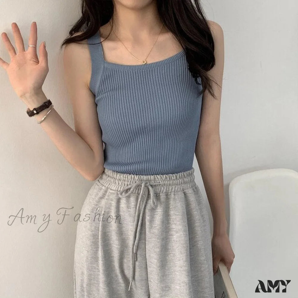 Amy Fashion - Plain Knitted Tank Tops Blue / One Size
