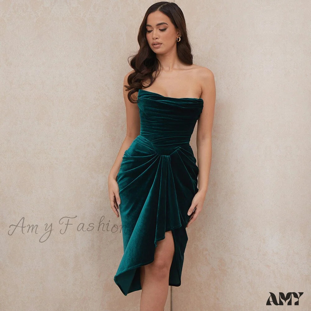Amy Fashion - Pleated Slash Neck Sexy Bodycon Dress Green / M