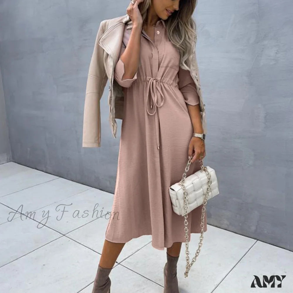 Amy Fashion - Pure Color Elegant Button Lace Up Midi Dress