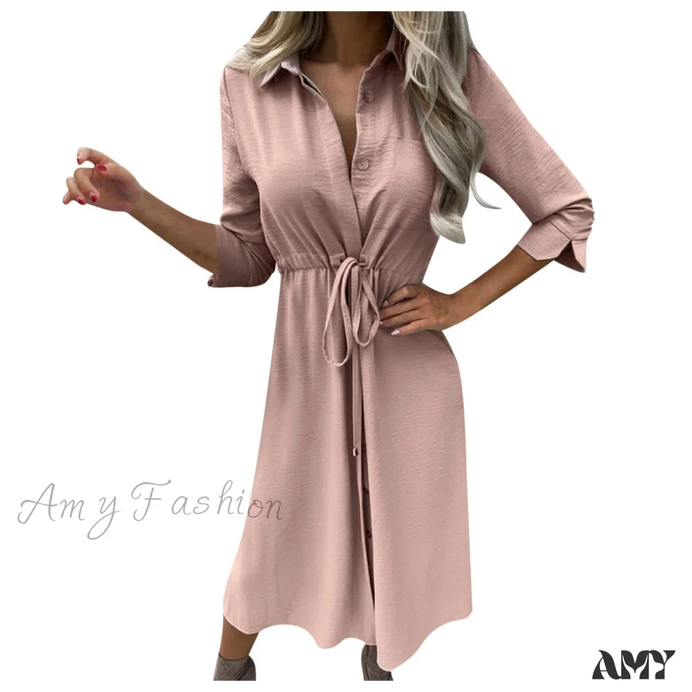 Amy Fashion - Pure Color Elegant Button Lace Up Midi Dress