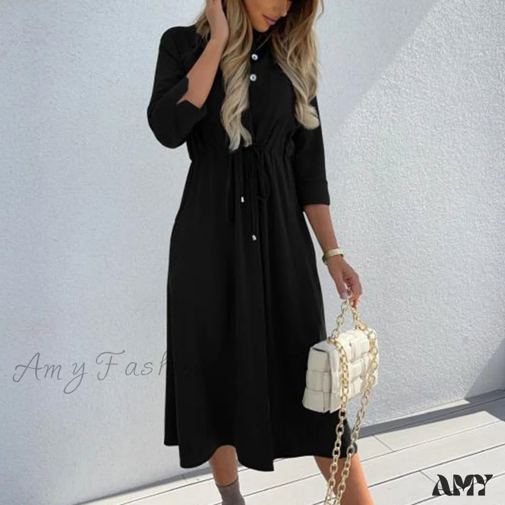 Amy Fashion - Pure Color Elegant Button Lace Up Midi Dress