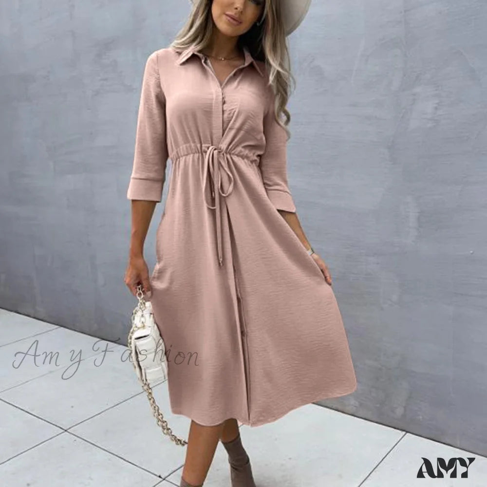 Amy Fashion - Pure Color Elegant Button Lace Up Midi Dress