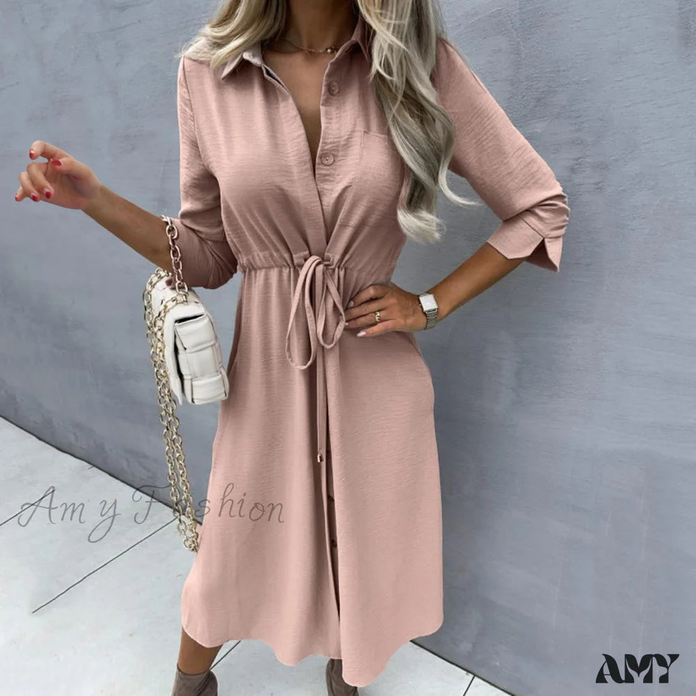 Amy Fashion - Pure Color Elegant Button Lace Up Midi Dress